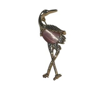 Crane Brooch with Pale Pink Tiger‎ Eye Oval Cabochon Belly and Rhinestones